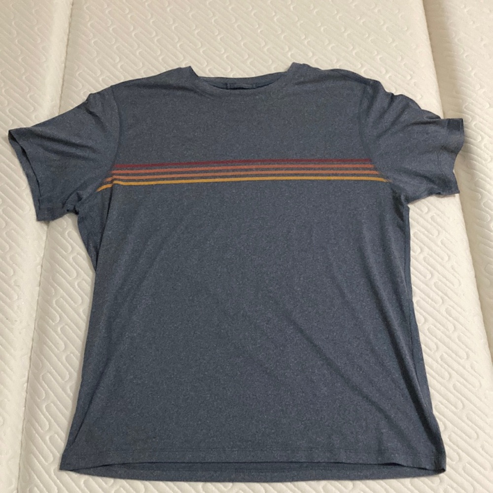 Marine Layer Sport Shirt Blue Heather Red Orange Yellow Sunset Stripe Medium